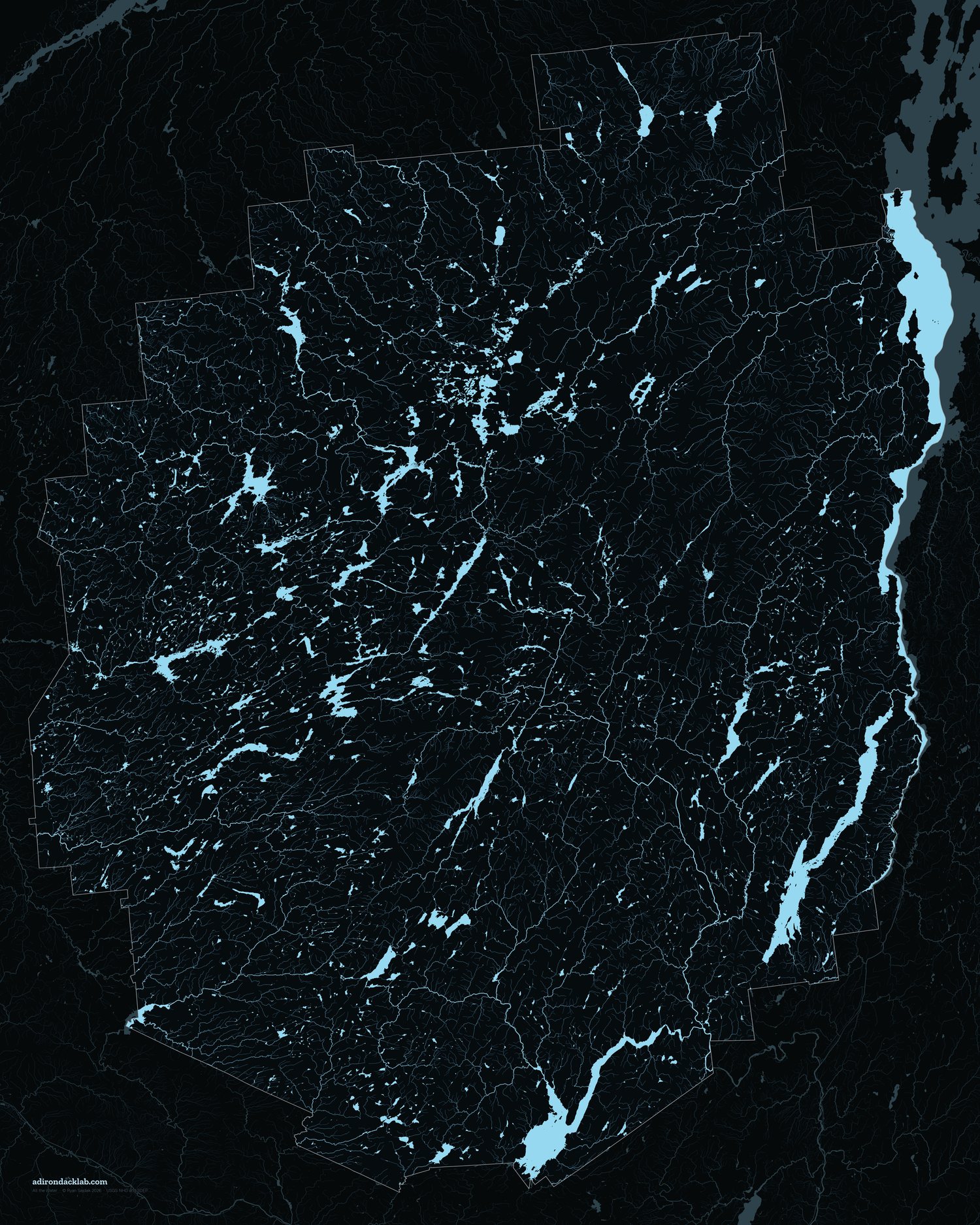 The Adirondack water map on black, the park drawing its own outline in water alone.