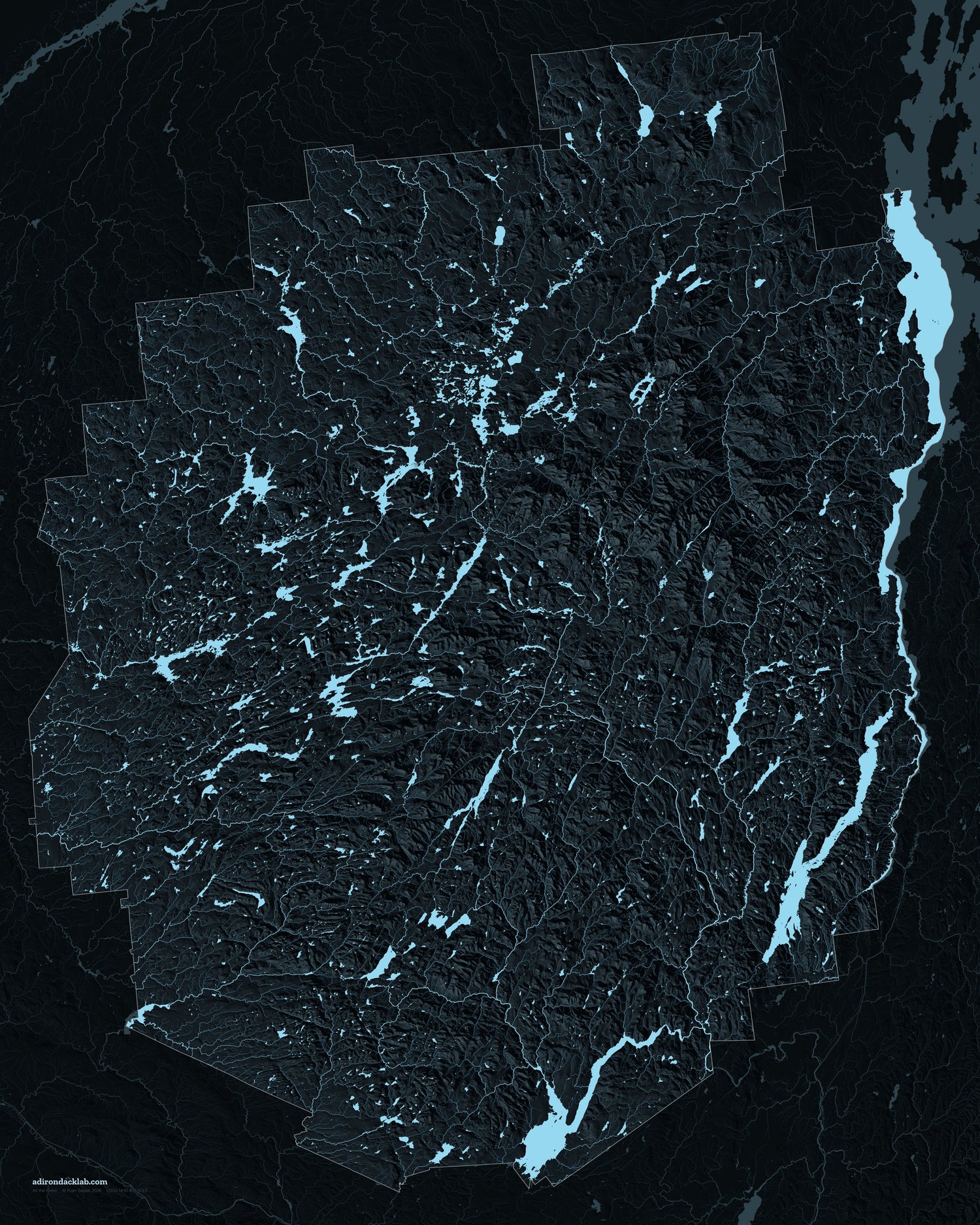 The Adirondack water map drawn over shaded relief, the rivers running down dark valleys.