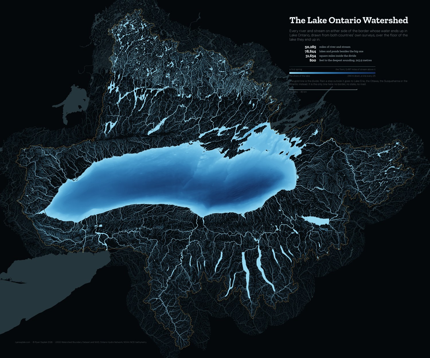 The Lake Ontario watershed: every river and stream in two countries, drawn over the shaded floor of the lake, with the drainage divide in gold.