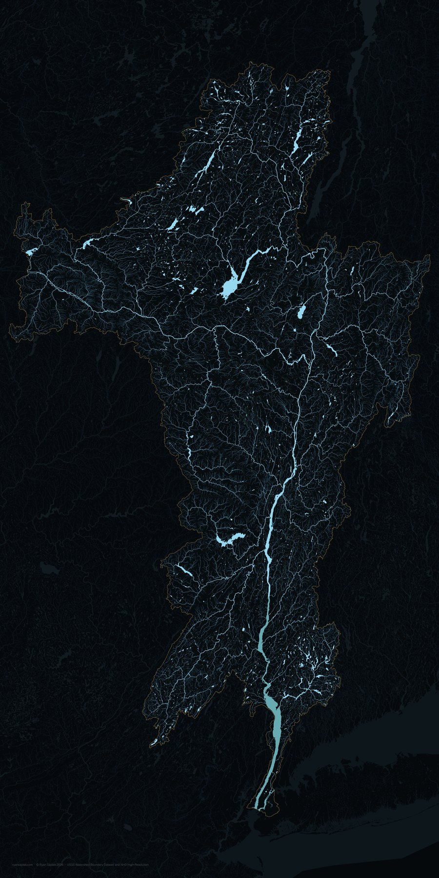 The same Hudson watershed sheet with no writing on it: the water, the gold divide and the tidal river, centred on the paper.